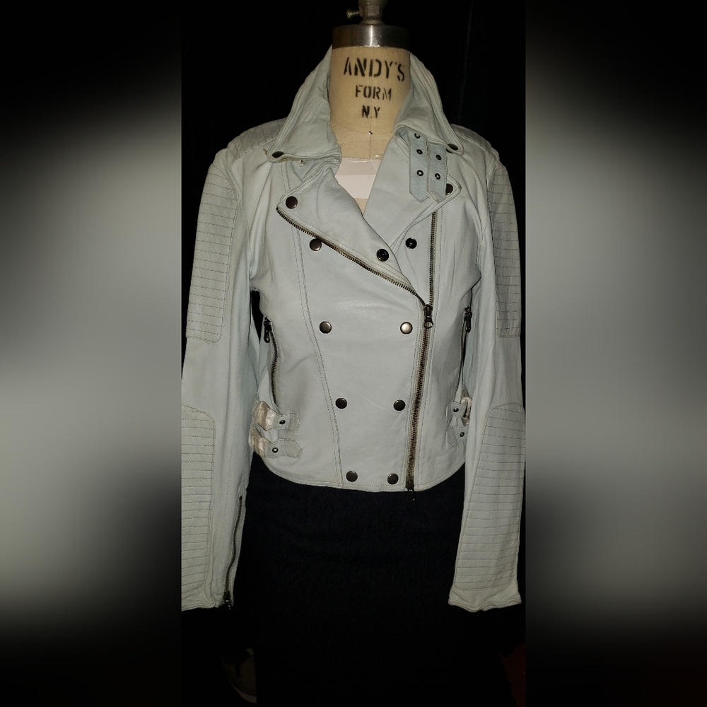 Light blue,lambskin stretch leather biker jacket